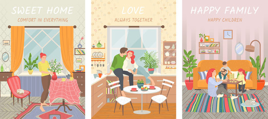People at home vector, woman in room with comfortable furniture decorated with plants, couple in kitchen, family mother and father playing with kids, sweet home interior