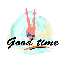 Good time, woman diving legs up, diver in bikini suit in blue sea waters isolated label. Vector girl snorkeling, beautiful feets above head, person relaxing