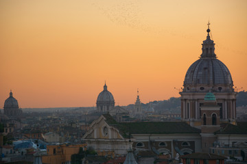 Panorama of Rome from Pincian Hill at sunset, Villa Borghese. Domes and roof tops of eternal city