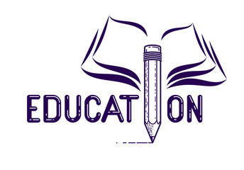 Education word with pencil instead of letter I and book, study and learning concept, vector conceptual creative logo or poster made with special font.