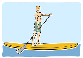Stand up paddle surfing, boarding. Single male surfer with paddle. Surfrider on board. Paddleboarding, SUP fitness. Vector flat illustration. Colorful drawing. Isolated contour and colors.