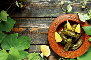 Dolmades Stuffed Grape Leaves.  Greek cuisine. top view. clay dishes. copy space. space for text