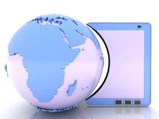 Tablet computer and blue Earth globe.3-d Illustration.