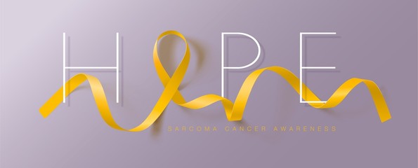Hope. Sarcoma and Bone Cancer Awareness Calligraphy Poster Design. Realistic Yellow Ribbon. July is Cancer Awareness Month. Vector
