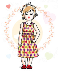 Beautiful happy little blonde girl in stylish casual clothes posing on colorful backdrop with romantic hearts. Vector illustration of attractive kid.