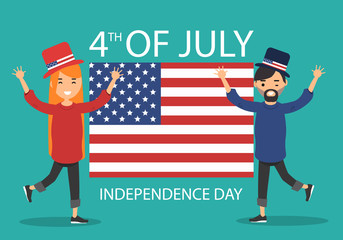 Independence Day United States.Young characters in hats with American symbols celebrate the holiday.Flat cartoon design