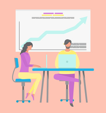 Man and woman sitting by table with laptops vector. Infographics and infocharts, workers in office, diagram growing scheme analysis center flat style