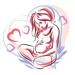 Pregnant female surrounded by heart shape frame hand drawn vector illustration, beautiful lady gently touching her belly. Love and tenderness concept.