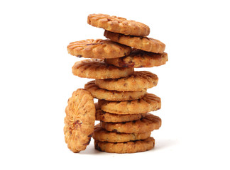 Biscuits with whole-wheat flour. Crunchy, grains  on white background