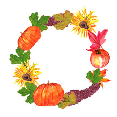 Thanksgiving wreath - fruits and vegetables with autumn leaves. Thanksgiving Watercolor