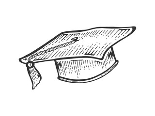 Square academic cap sketch engraving vector illustration. Scratch board style imitation. Black and white hand drawn image.