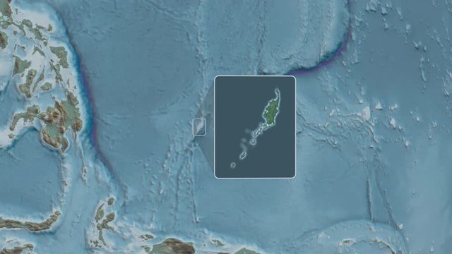 Palau area bounds outlined on the end cap of rectangular tube and animated against the spinning relief globe. Animation 3D