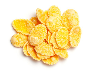Cornflakes dry breakfast. Yellow flakes bunch isolated on white background