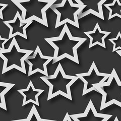 Abstract seamless pattern of randomly arranged white stars with soft shadows on black background