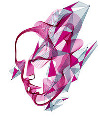 Dotted particles human portrait, abstract human head vector wave shapes array, Artificial Intelligence, pc programming software interface, digital soul.