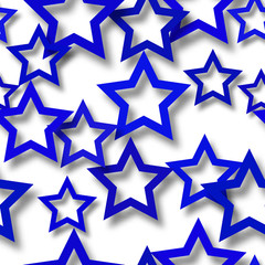 Abstract seamless pattern of randomly arranged blue stars with soft shadows on white background