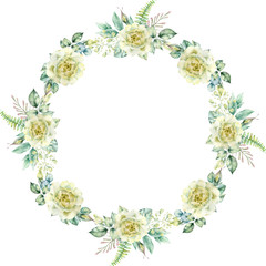 Fototapeta premium Watercolor hand painted frame with tropical green leaves and flowers. Frame for wedding invitations, save the date or greeting cards..