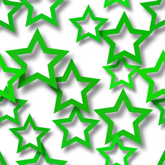 Abstract seamless pattern of randomly arranged green stars with soft shadows on white background