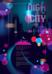 Night city with blurred lights bokeh texture vector illustration. Blur colorful dark background with cityscape, buildings silhouettes skyline. Brochure, flyer, cover, poster or guidebook template.