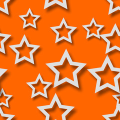 Abstract seamless pattern of randomly arranged white stars with soft shadows on orange background