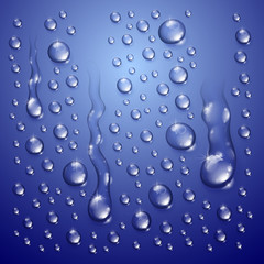 Water drops in shower or pool, condensate or rain droplets realistic transparent vector illustration, easy to put over any background or use droplets separately.