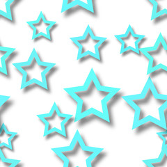Abstract seamless pattern of randomly arranged light blue stars with soft shadows on white background