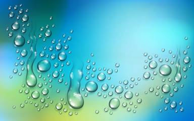 Water rain drops or condensation over blurred green nature background beyond the window, realistic transparent 3d vector illustration, easy to put over any background.