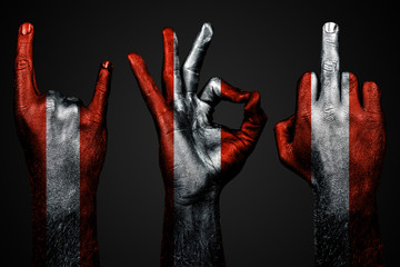 a set of three hands with a painted flag Austria show middle finger, goat and Okay, a sign of aggression, protest and approval on a dark background.