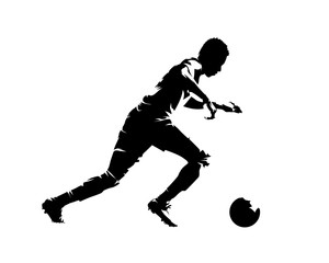 Fototapeta na wymiar Soccer player running with ball, abstract isolated vector silhouette, side view. Team sport