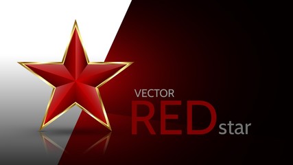 Bright, red 3D star with golden frame isolated on beautiful background. Ready design of emblem, sign, icon, logo. Vector red star, for holidays decorations, postcards and more.