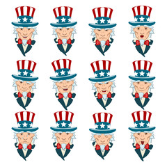 Set of uncle Sam facial expressions with different emotions isolated on white background