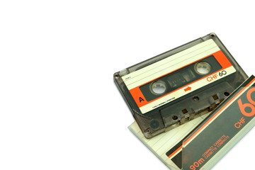 Old cassette tape audio isolated on white background, Gadgets accessories for the 70-80-90's era.