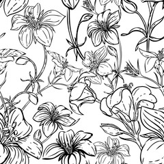 Seamless pattern with simple flowers. Graphic elements drawn with ink. Black-and-white graphics for design. Set of hand drawn flowers design elements. Collection of black ink textures, isolated
