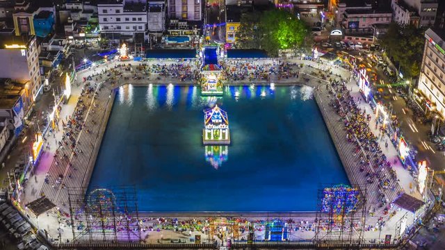 Vishnu murti on boat, festival in Tirupati, India, 4k hyperlapse aerial