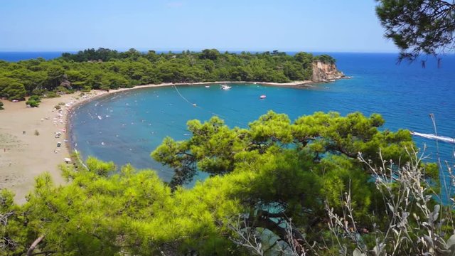 View from hill to Mediterranean Sea in Phaselis. City of ancient Lycia. Turkey.