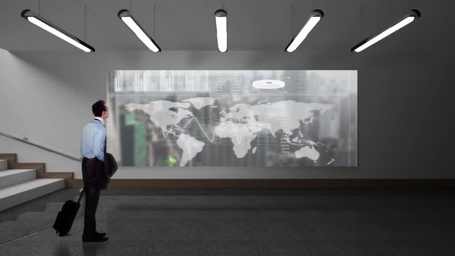 Businessman looking at a screen showing a earth map with data