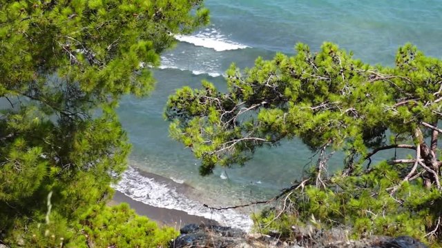View from hill to Mediterranean Sea in Phaselis. City of ancient Lycia. Turkey.