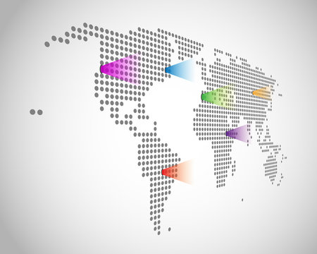 Dotted World Map with Color transparent Pointers - Vector