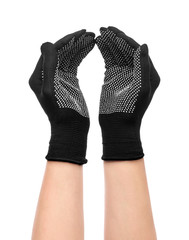 Open hands with gloves on isolated white background