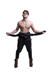 Man saxy isolate. Handsome male fashion portrait. Attractive guy casual posing in studio on white background