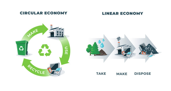 Comparing circular and linear economy showing product life cycle. Natural resources taken to manufacturing. After usage product is recycled or disposed. Waste recycling isolated on white background.