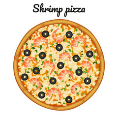 Shrimp pizza. Object for packaging, advertisements, menu. Isolated on white. Vector illustration. Cartoon.
