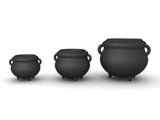 3D Rendering of three different sized cauldrons
