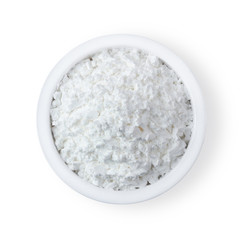 flour on Bowl solated on white background, top view