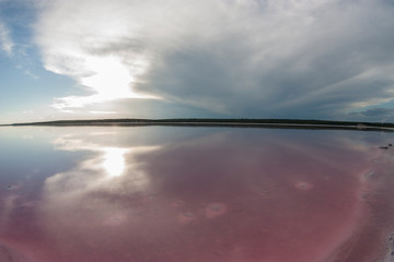 Salt lagoon,Dunaliella salina coloration, La Pampa, Argentina