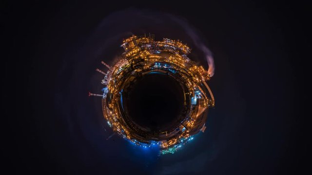 Tiny planet 360 time lapse, factory smoke pollution 4k