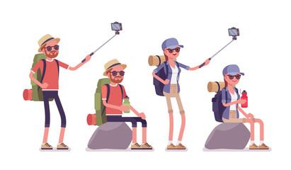 Hiking man, woman taking selfie. Tourists with backpacking gear, wearing clothes for outdoor walks, sporting or leisure activity. Vector flat style cartoon illustration isolated on white background