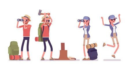 Hiking man, woman with binoculars, axe. Tourists with backpacking gear, wearing clothes for outdoor walks, sporting, leisure activity. Vector flat style cartoon illustration isolated, white background