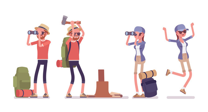 Hiking man, woman with binoculars, axe. Tourists with backpacking gear, wearing clothes for outdoor walks, sporting, leisure activity. Vector flat style cartoon illustration isolated, white background