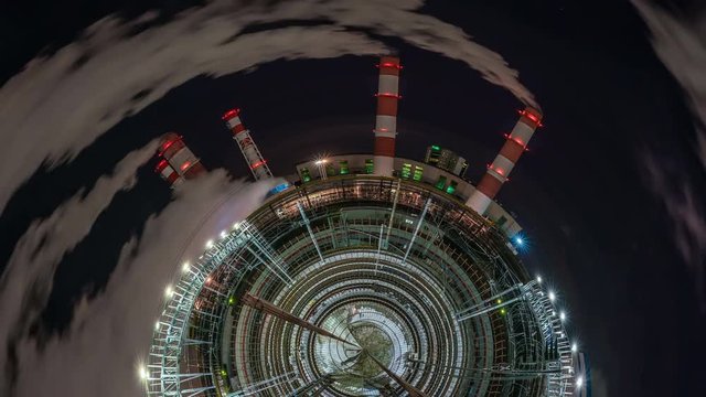 Tiny planet 360 time lapse, factory smoke pollution 4k